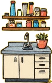 a kitchen with a sink and shelves on the wall.jpg
